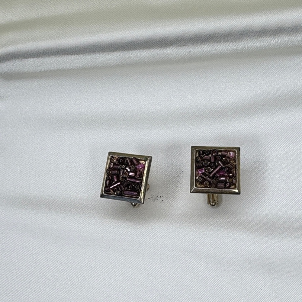 Upcycled Square Purple Beaded Cufflinks in A Gold Tone Setting